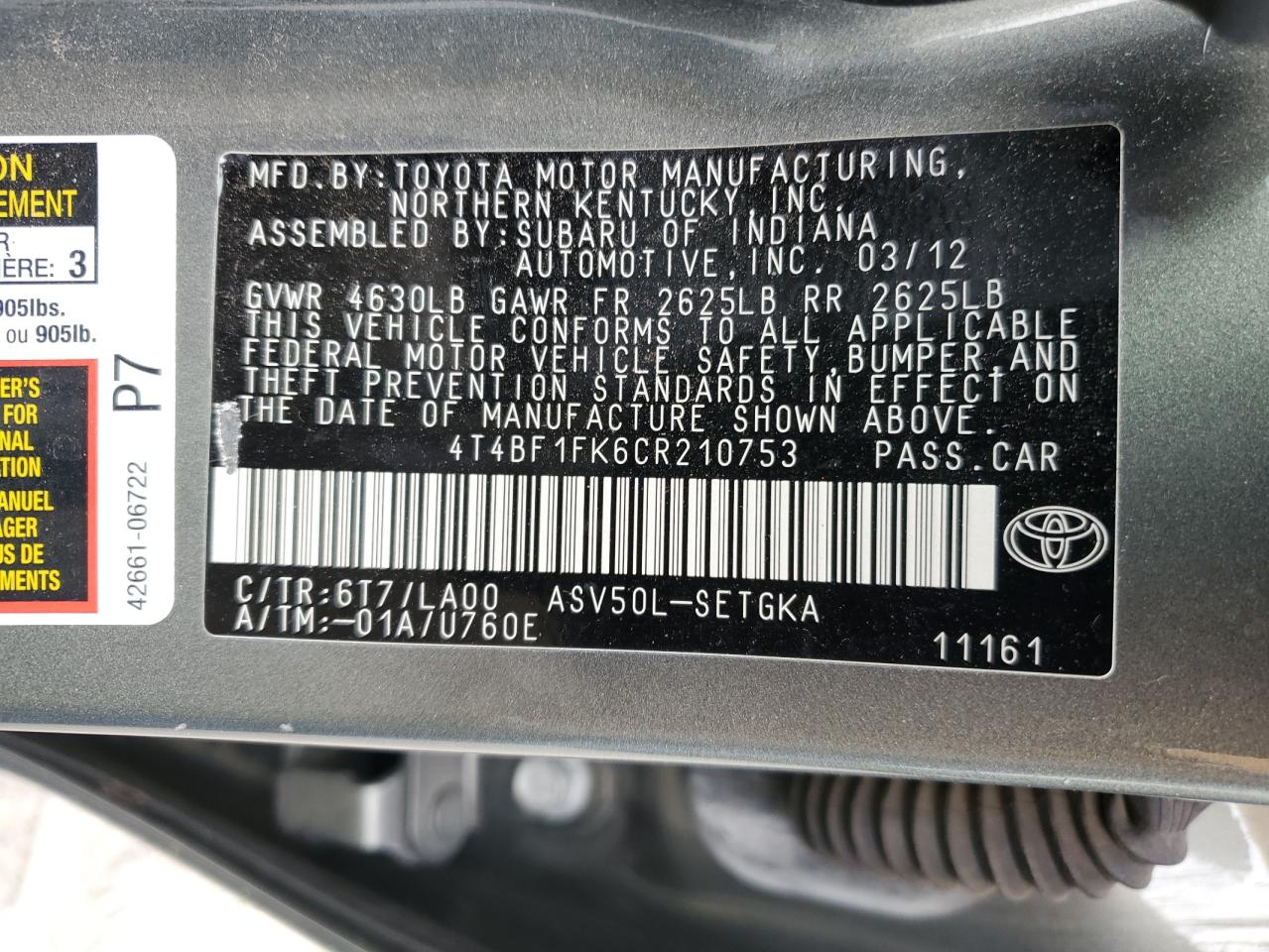 TOYOTA CAMRY 2012 — 13