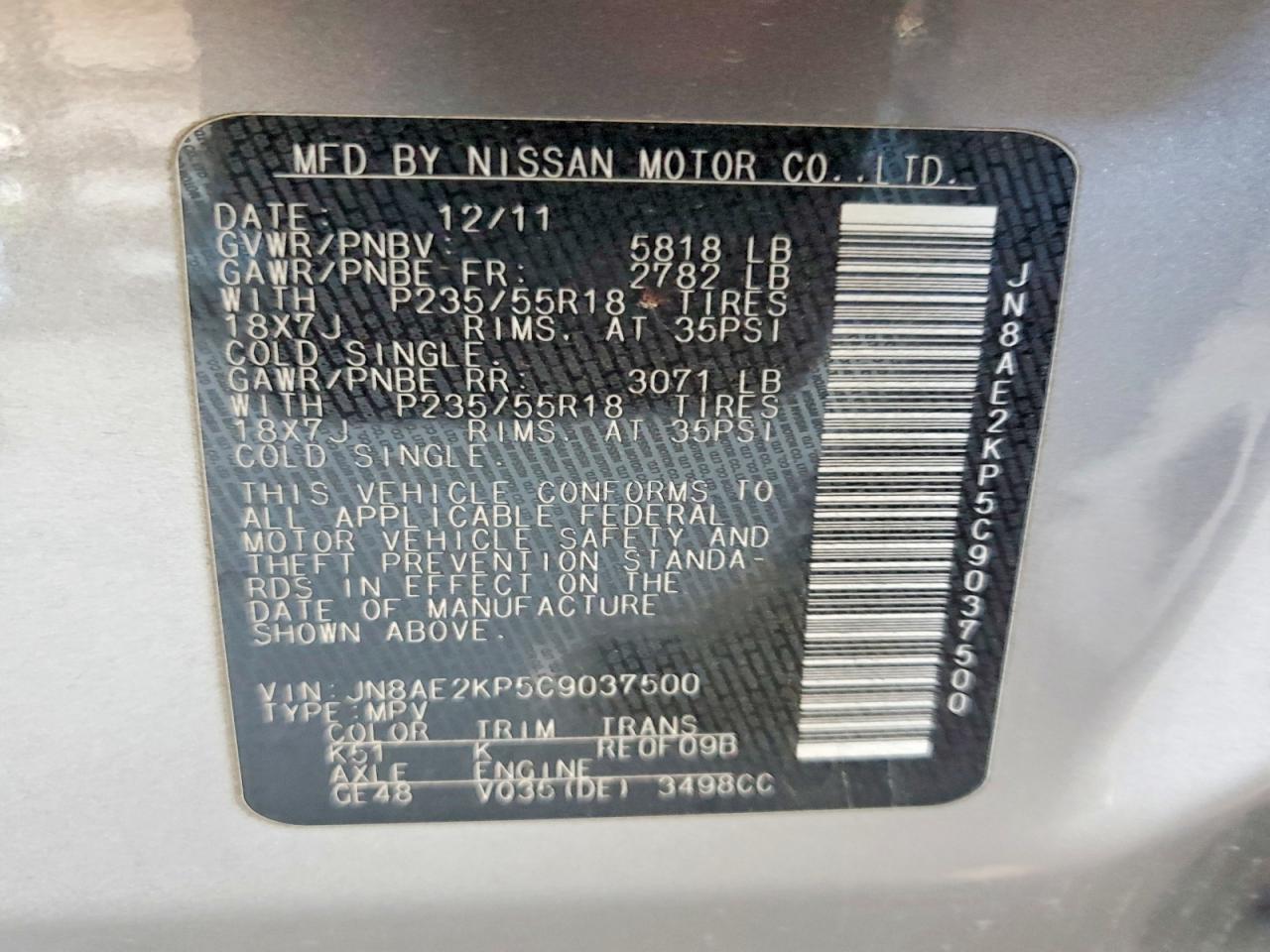 NISSAN QUEST 2012 — 14