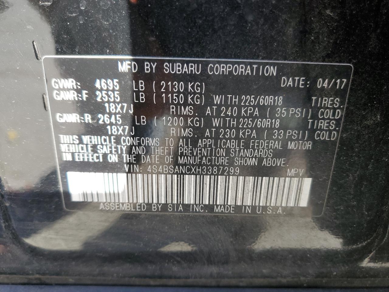 SUBARU OUTBACK 2017 — 14