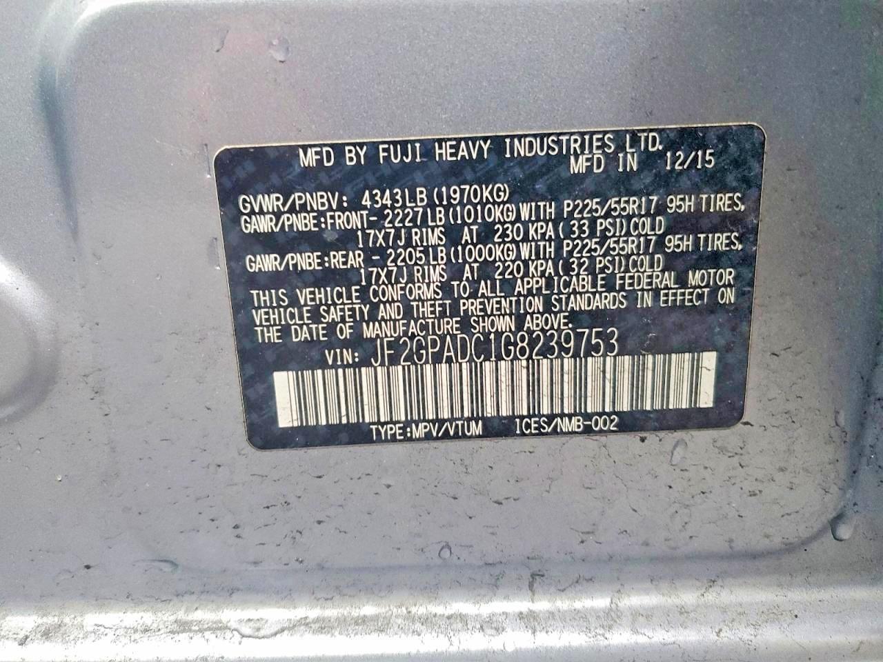 SUBARU CROSSTREK 2016 — 15