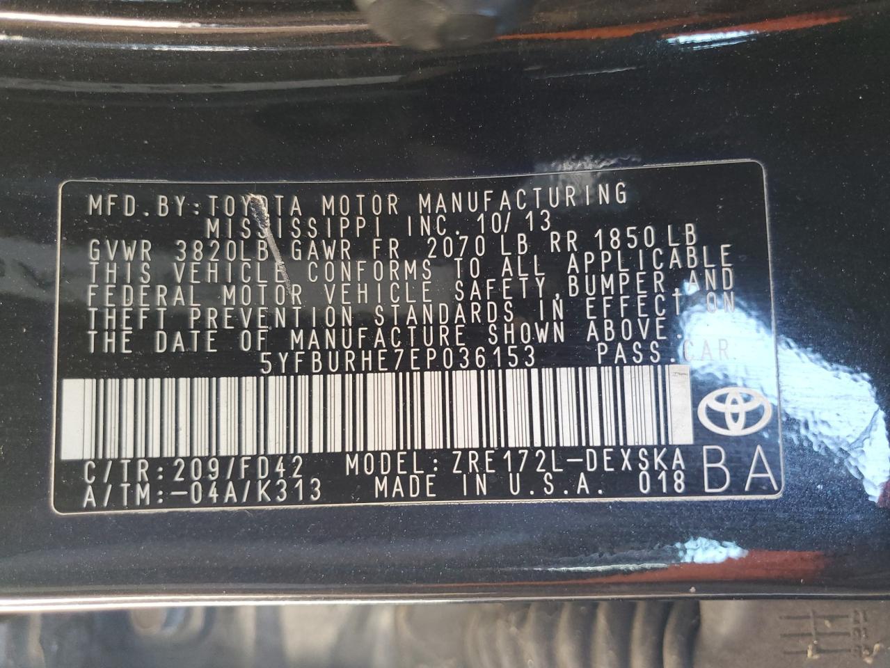 TOYOTA COROLLA L 2014 — 13
