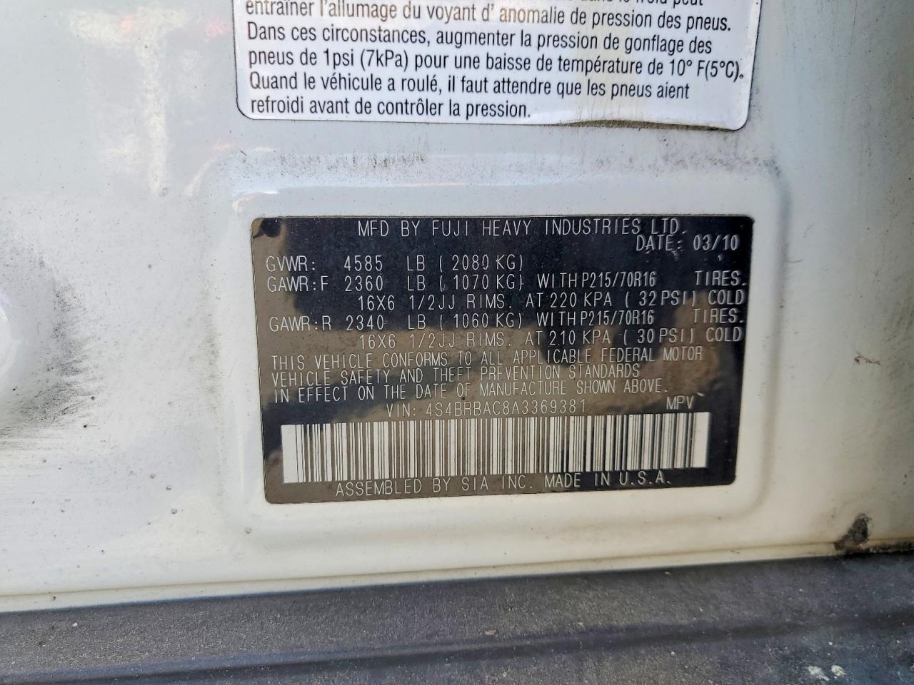 SUBARU OUTBACK 2010 — 14