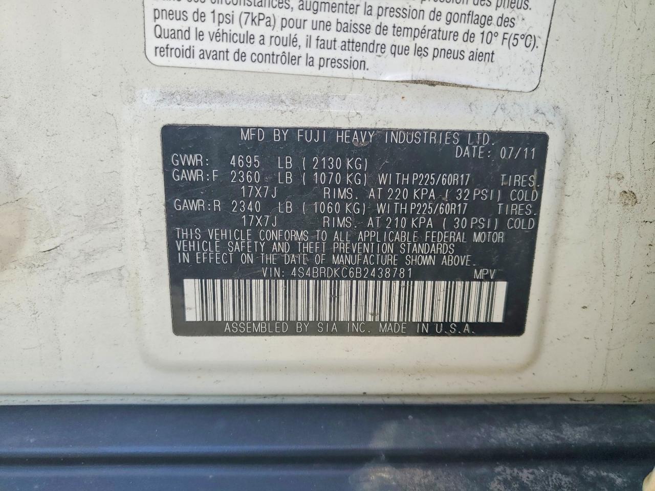 SUBARU OUTBACK 2011 — 14