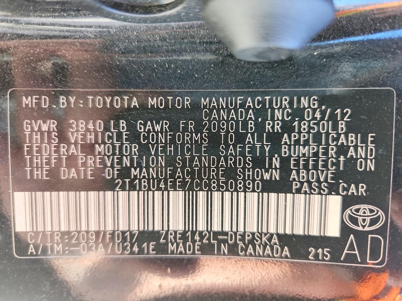 TOYOTA COROLLA 2012 — 13