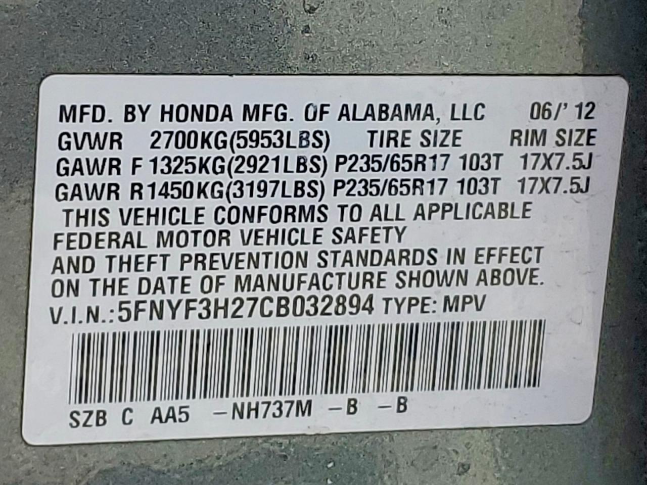 HONDA PILOT 2012 — 14
