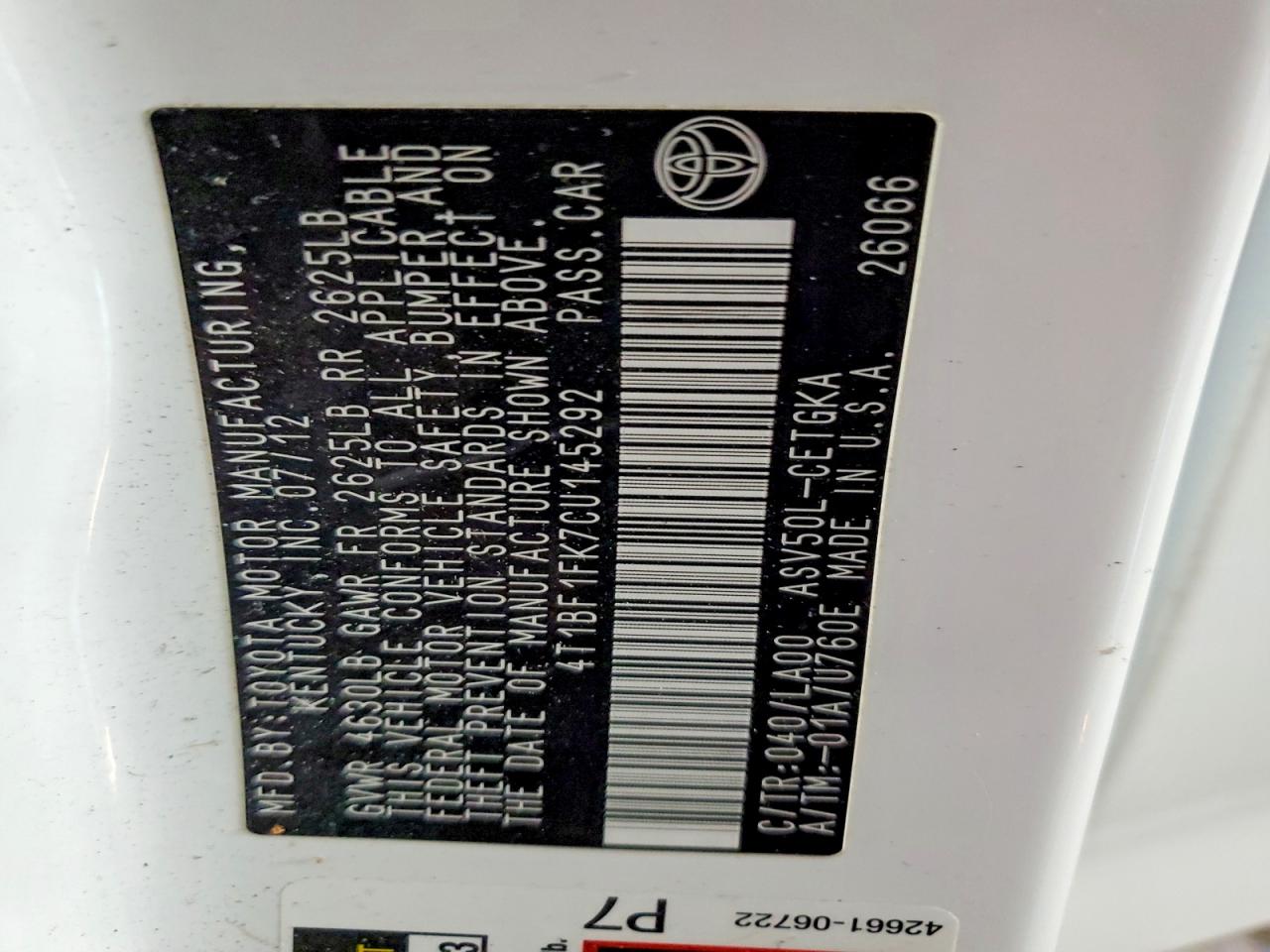TOYOTA CAMRY 2012 — 13