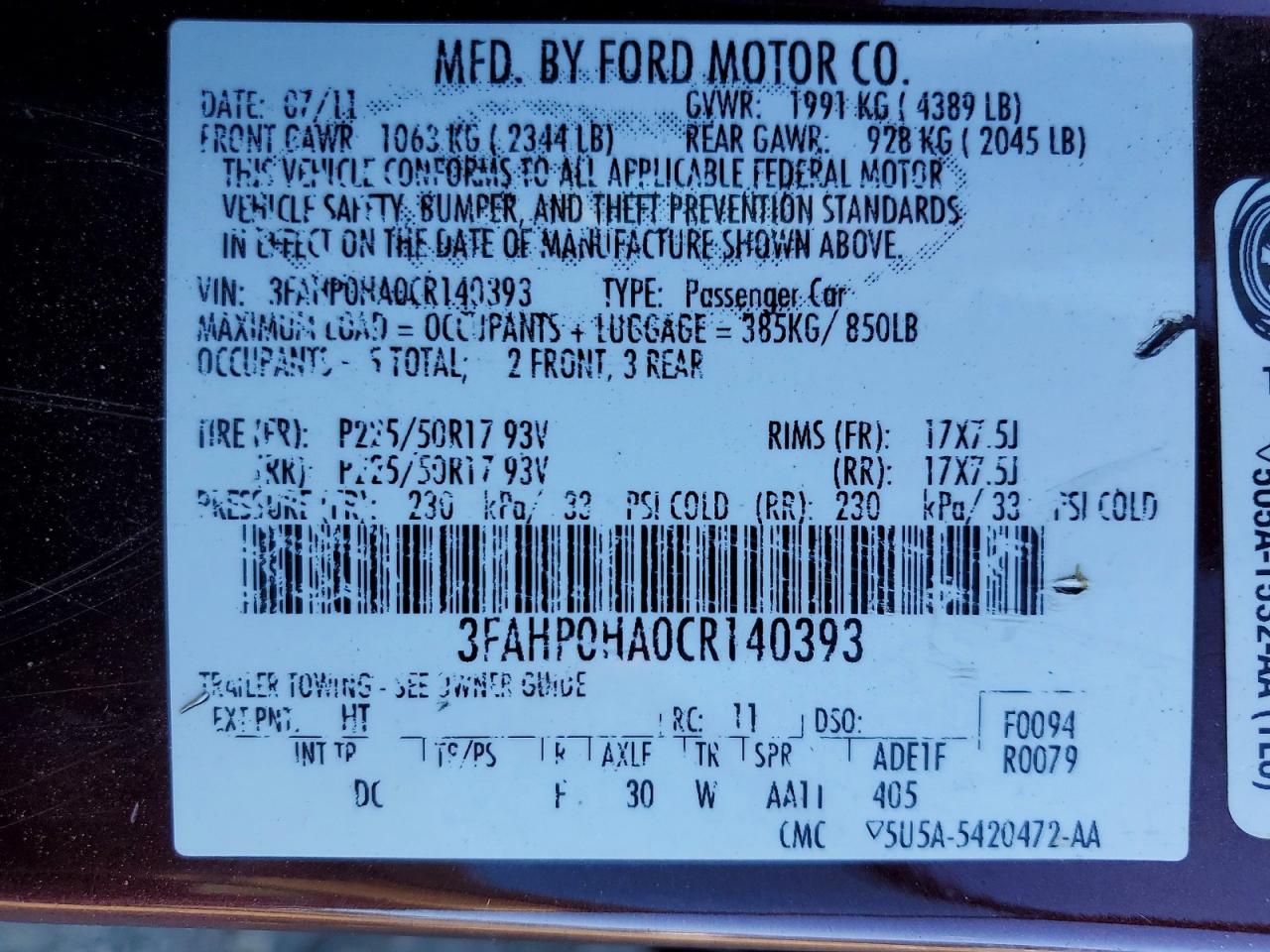 FORD FUSION 2012 — 13
